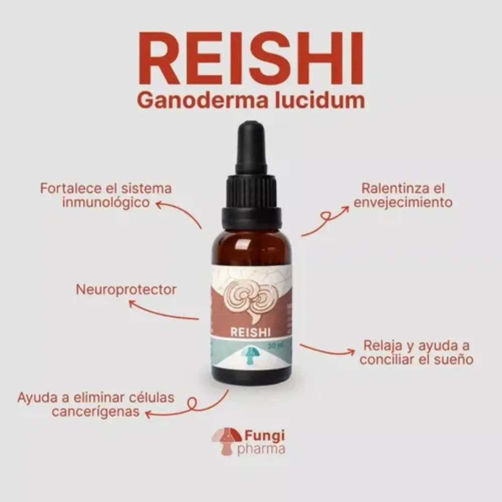 Imagen informativa del extracto de Reishi (Ganoderma lucidum) de Fungi Pharma en frasco ámbar con gotero, 30 ml. Destaca beneficios como fortalecer el sistema inmunológico, neuroprotección, efecto relajante, ayuda para dormir, eliminación de células cancerígenas y acción antienvejecimiento. Diseño visual claro con flechas señalando propiedades.