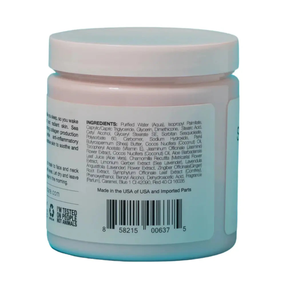 Pote de mascarilla para dormir de manzanilla y lavanda marina que muestra ingredientes para una hidratación profunda y beneficios para suavizar las arrugas.