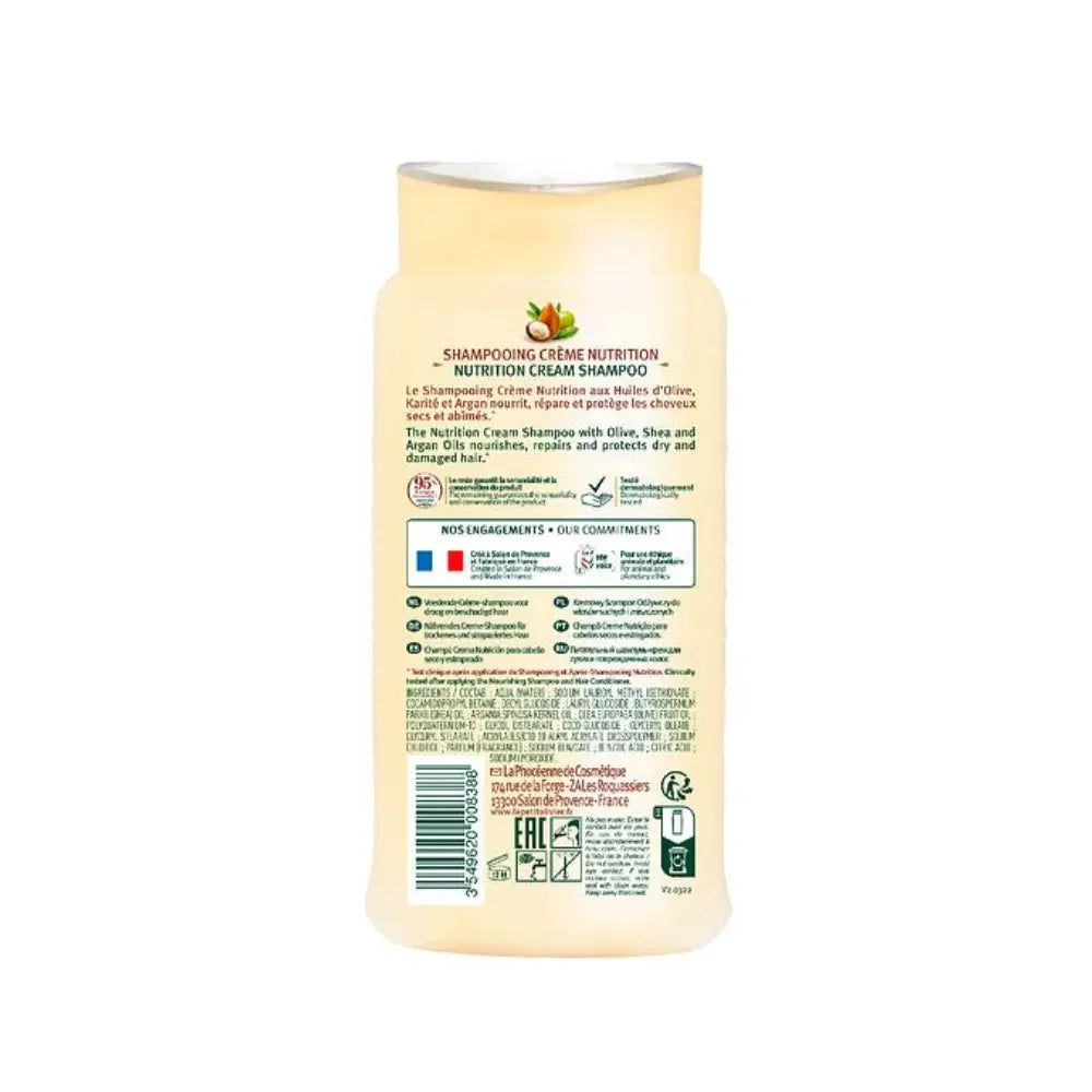 Shampoo Crema Nutrición Le Petit Olivier reverso, ingredientes y beneficios cabello seco dañado