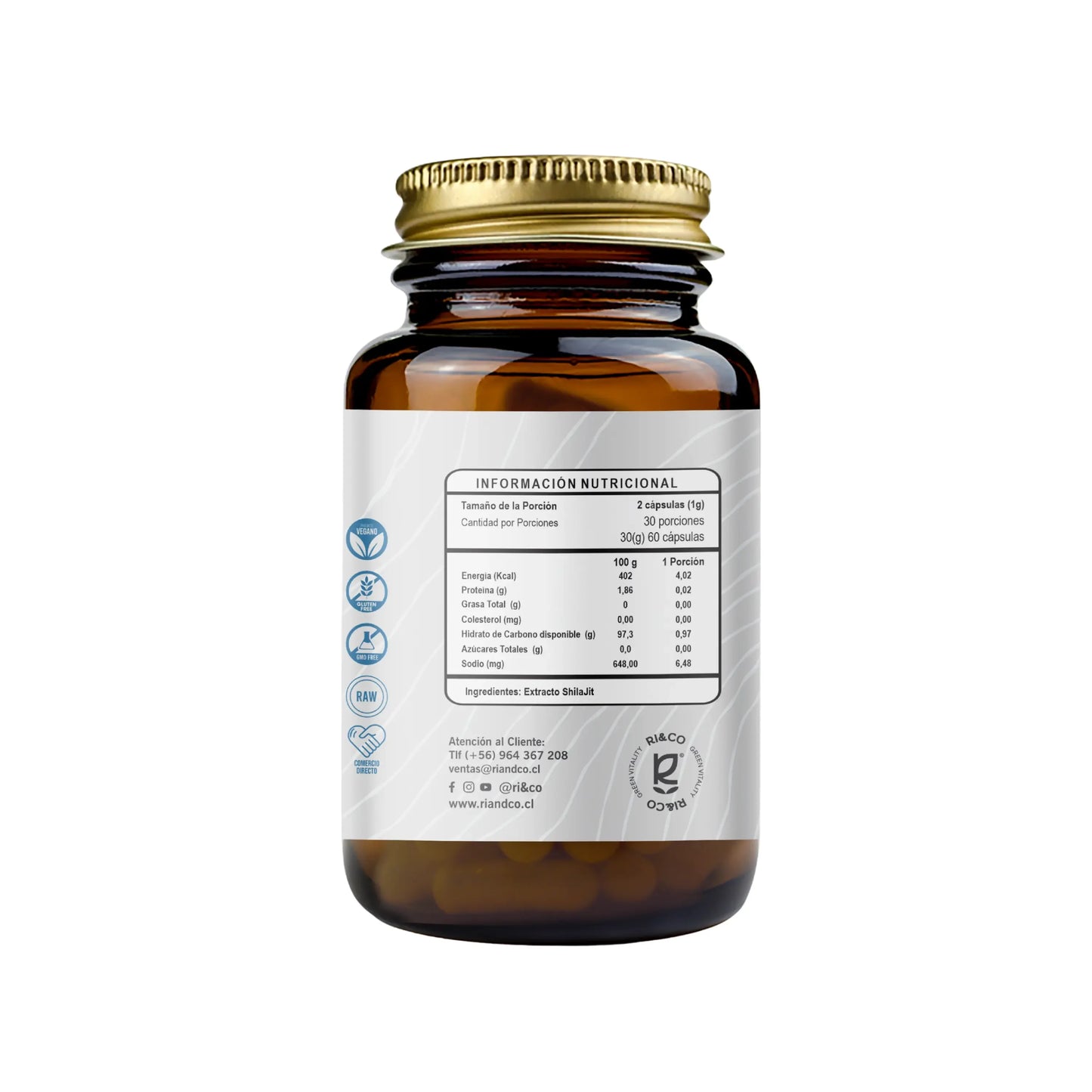 Shilajit 500mg 60 cápsulas RI&CO reverso tabla nutricional ingredientes y información
