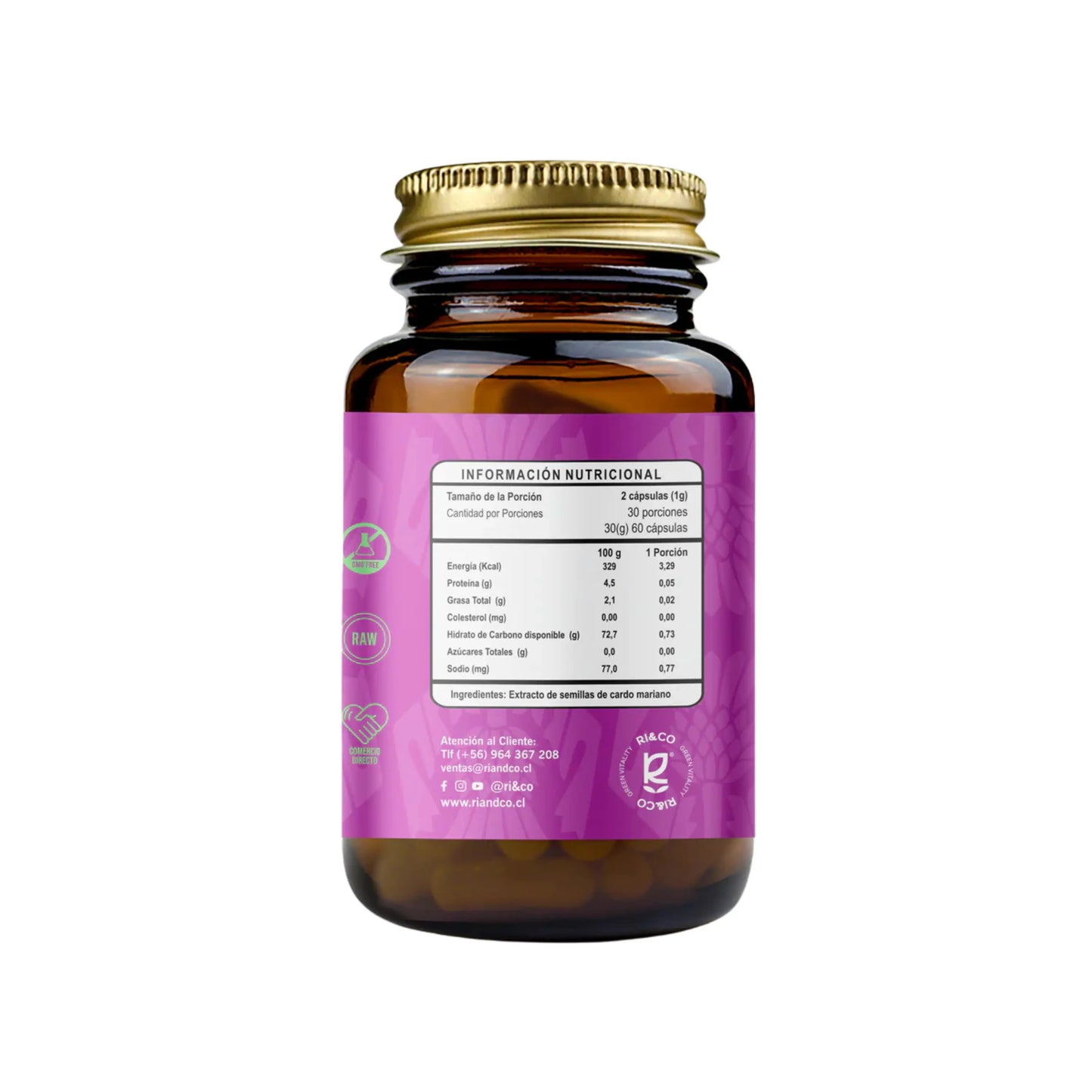 Silymarin 500mg RI&CO reverso tabla nutricional, extracto cardo mariano 60 cápsulas