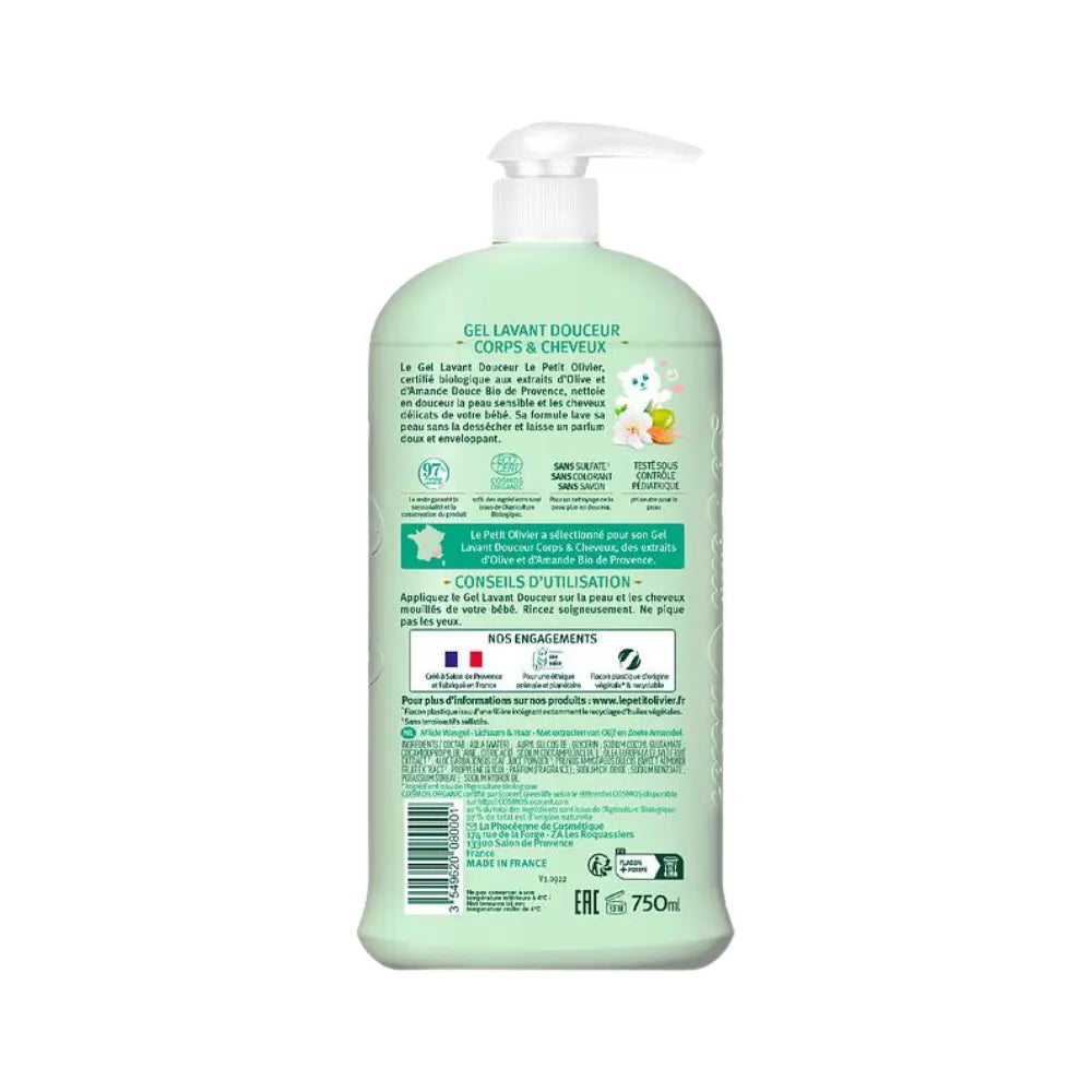 Imagen posterior del gel lavant Le Petit Olivier Bébé Bio con instrucciones y lista de ingredientes visibles