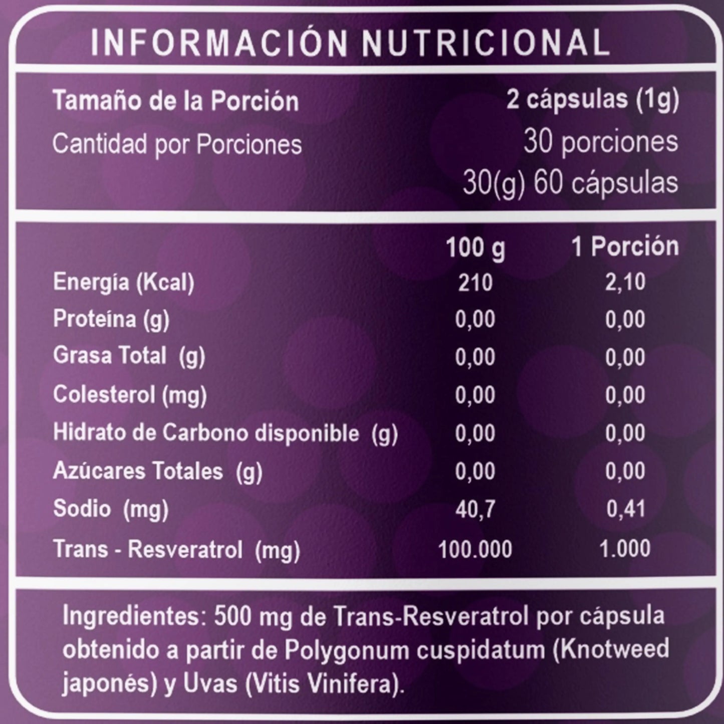 Tabla de información nutricional del suplemento Trans-Resveratrol de RI&CO. Contiene 60 cápsulas vegetales con una porción recomendada de 2 cápsulas (1 g). Ingredientes: 500 mg de Trans-Resveratrol por cápsula, obtenido de Polygonum cuspidatum (Knotweed japonés) y Uvas (Vitis vinifera).