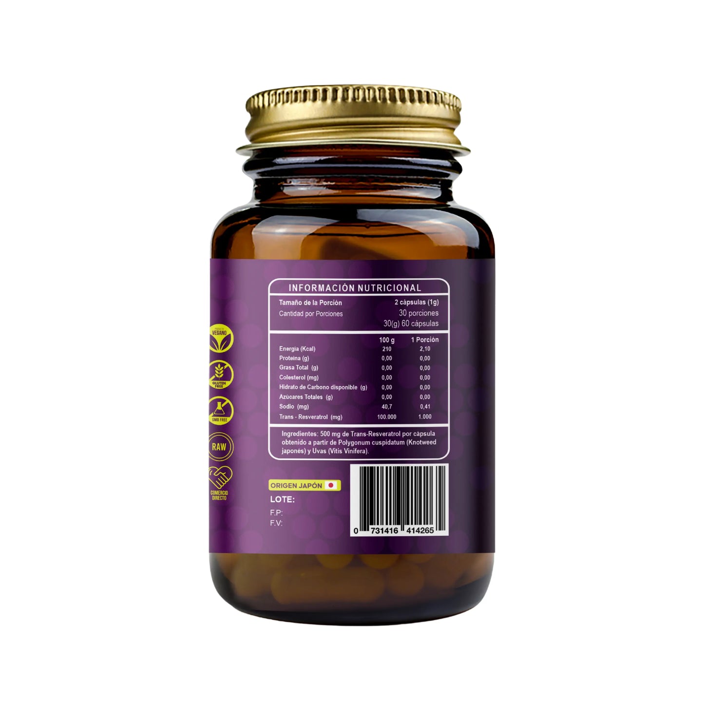 Vista trasera del frasco de suplemento Trans-Resveratrol de RI&CO. Muestra la tabla de información nutricional con detalles sobre contenido energético, proteínas, grasas y azúcares. Contiene 60 cápsulas vegetales con 500 mg de Trans-Resveratrol por cápsula, derivado de Polygonum cuspidatum y Uvas. Producto de origen Japón, con certificaciones veganas, libre de gluten y de comercio directo.