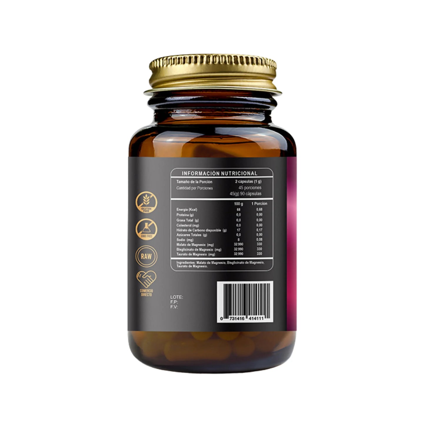 Triple Magnesio 500mg reverso tabla nutricional, 90 cápsulas RI&CO malato bisglicinato taurato