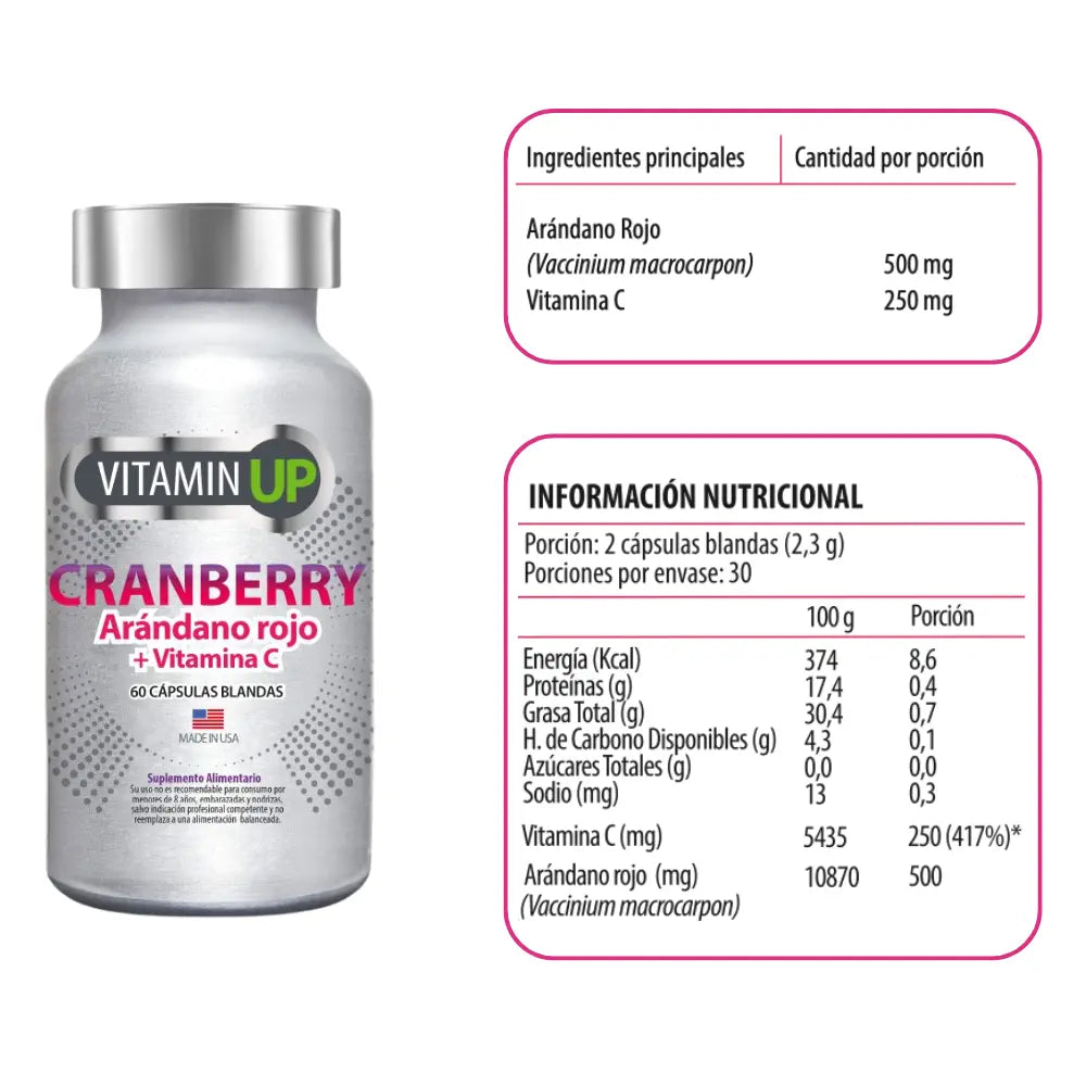 Vitamin UP Cranberry frasco frontal y tabla nutricional, arándano rojo con vitamina C 60 cápsulas