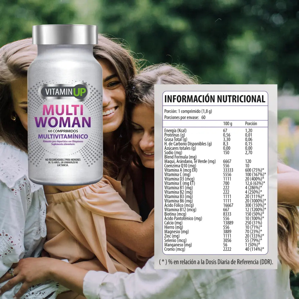 Frasco plateado de suplemento Vitamin UP Multi Woman con 60 comprimidos multivitamínicos. Incluye tabla nutricional destacando vitaminas A, C, D, E, complejo B, minerales como zinc, hierro y selenio, y extractos de maqui, arándano y té verde. Diseñado para apoyo integral de la salud femenina.