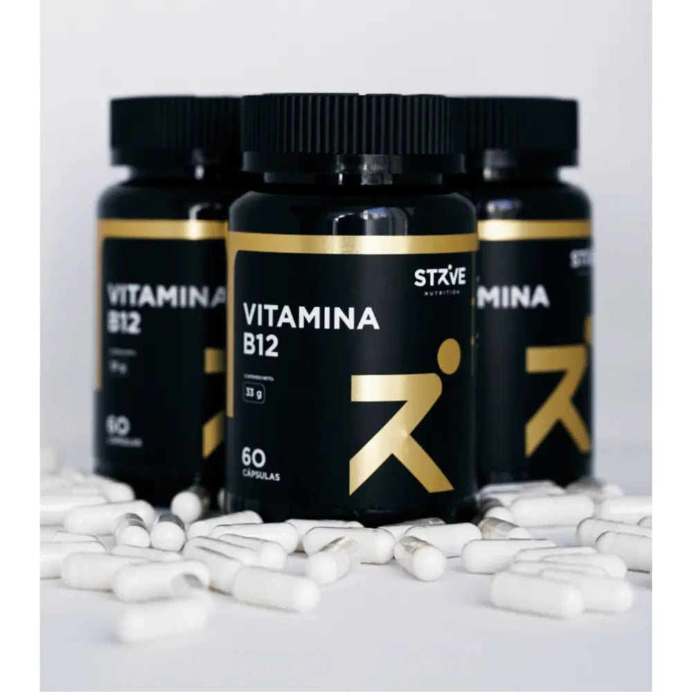 Vitamina B12 Strive Nutrition frasco frontal, 60 cápsulas suplemento energía y vitalidad