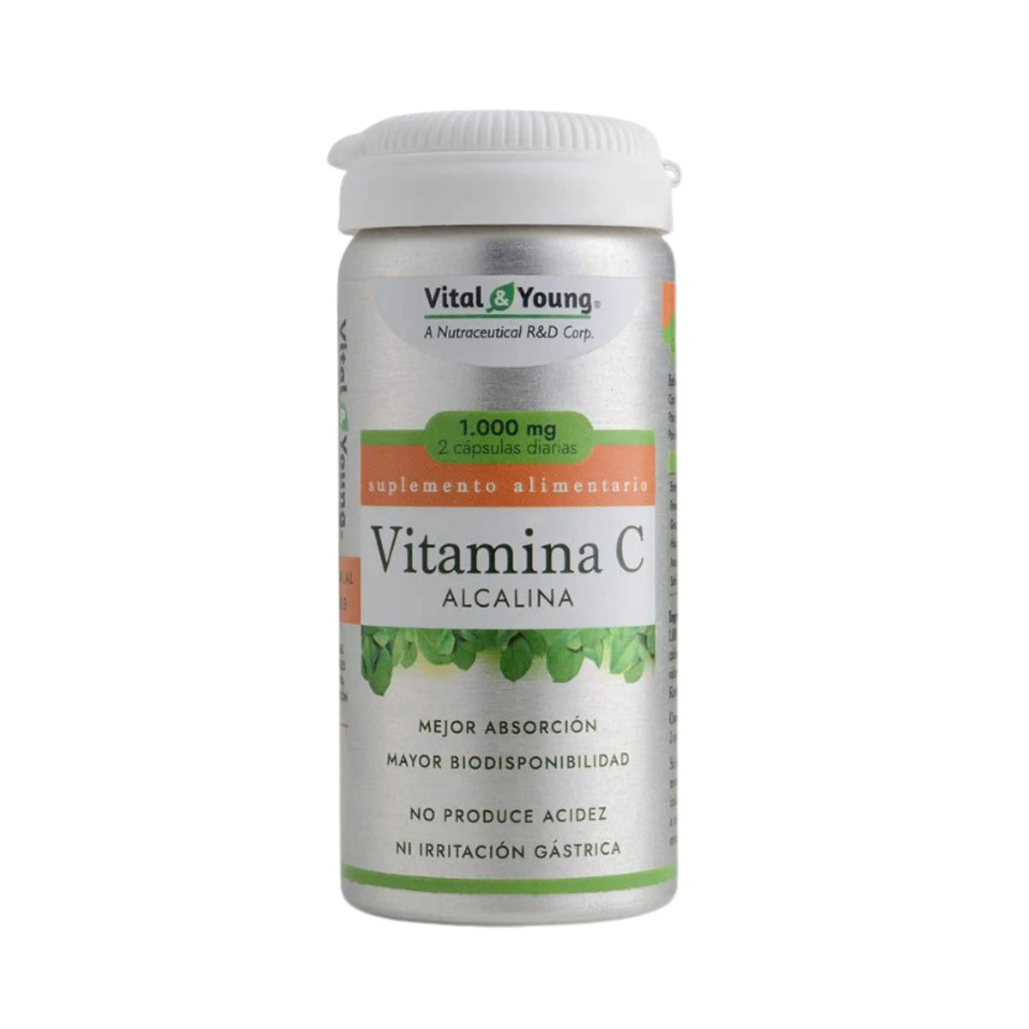 Vista frontal del envase del suplemento alimentario Vital & Young Vitamina C Alcalina en cápsulas. El frasco plateado destaca propiedades como mejor absorción, mayor biodisponibilidad y fórmula que no produce acidez ni irritación gástrica. Contiene 1.000 mg por porción diaria de 2 cápsulas, ideal para apoyar el sistema inmune y la salud digestiva.