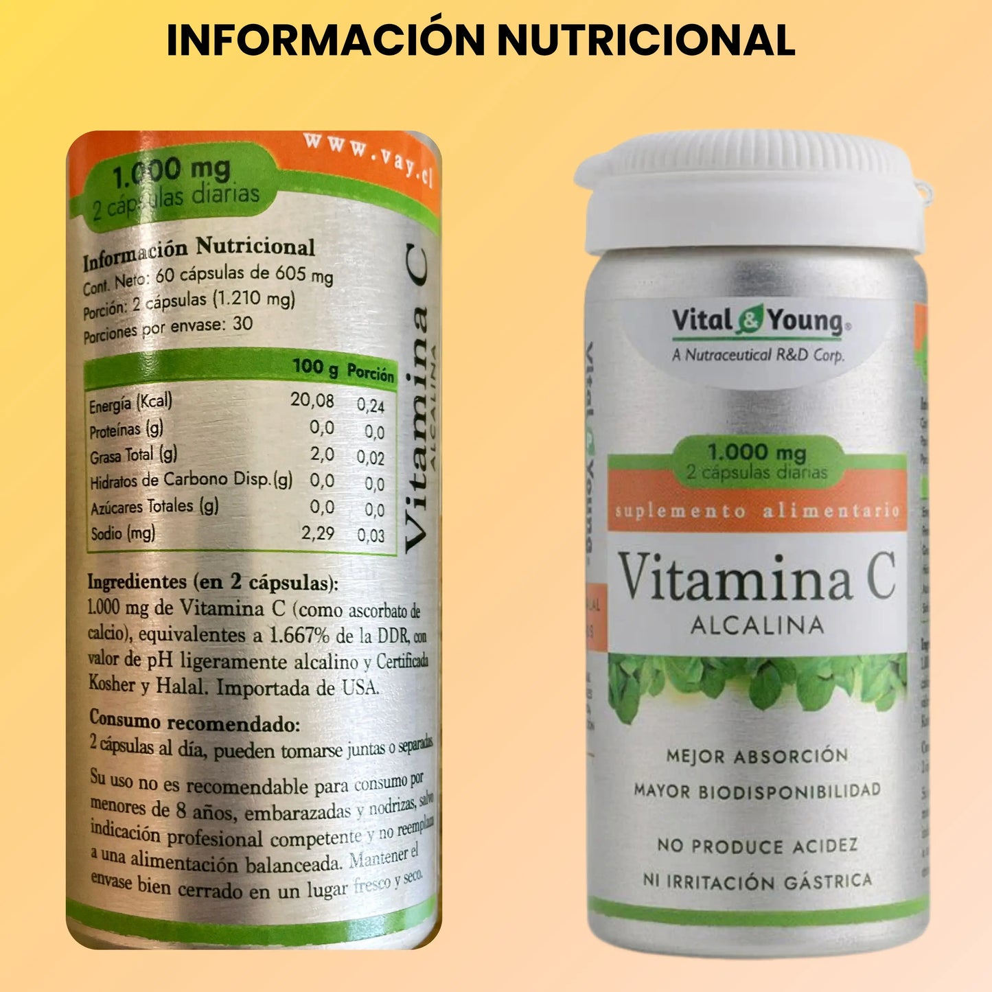 Imagen del suplemento Vitamina C Alcalina de la marca Vital & Young, con envase plateado y verde. Incluye etiqueta frontal destacando su absorción y beneficios sin acidez, junto a la tabla nutricional que indica 1.000 mg de vitamina C por porción de 2 cápsulas diarias.