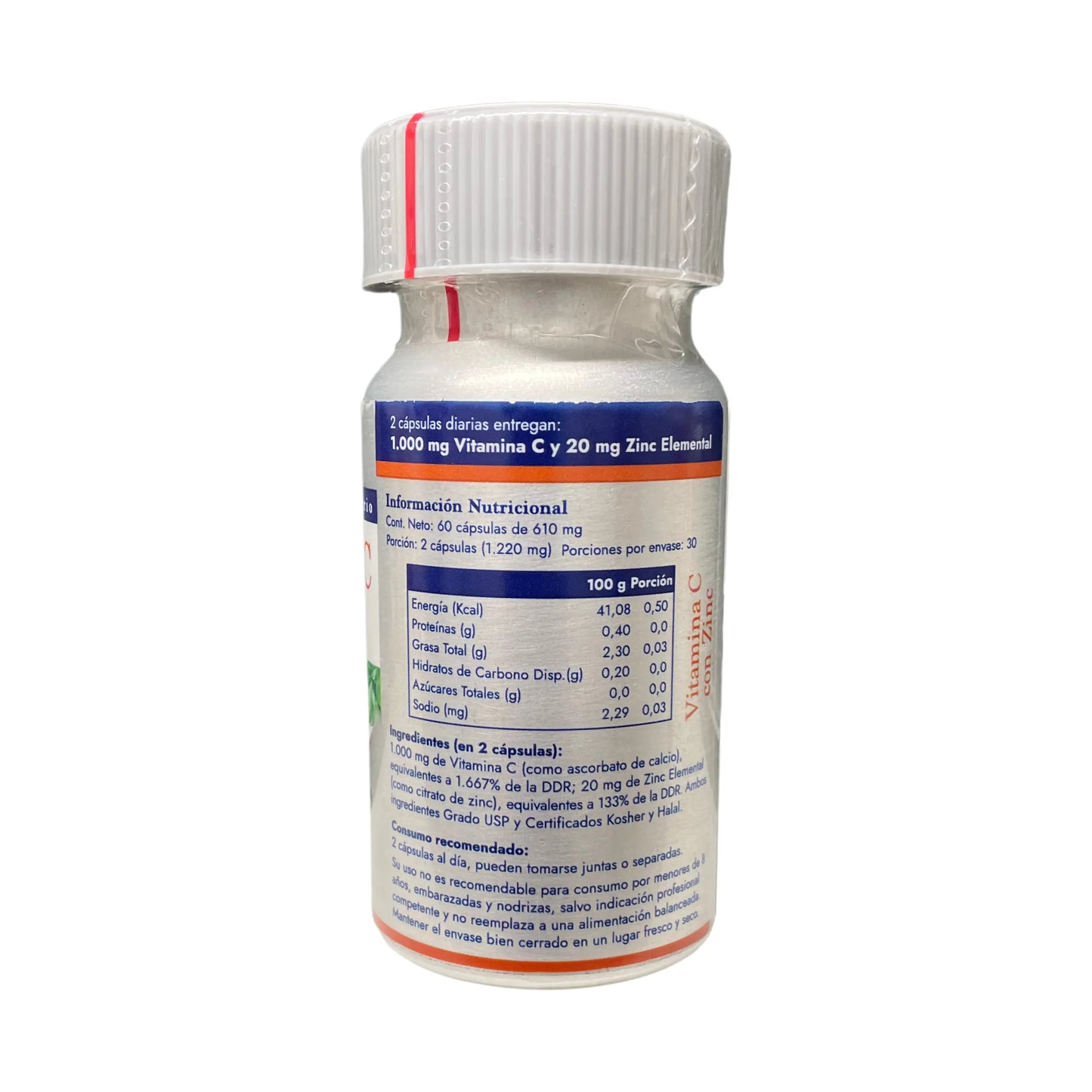 Etiqueta posterior del suplemento Vitamina C con Zinc Vital Young. Muestra la información nutricional por porción (2 cápsulas), que aportan 1.000 mg de vitamina C y 20 mg de zinc elemental. También incluye ingredientes, modo de uso y advertencias. Frasco blanco con detalles azules y rojos.