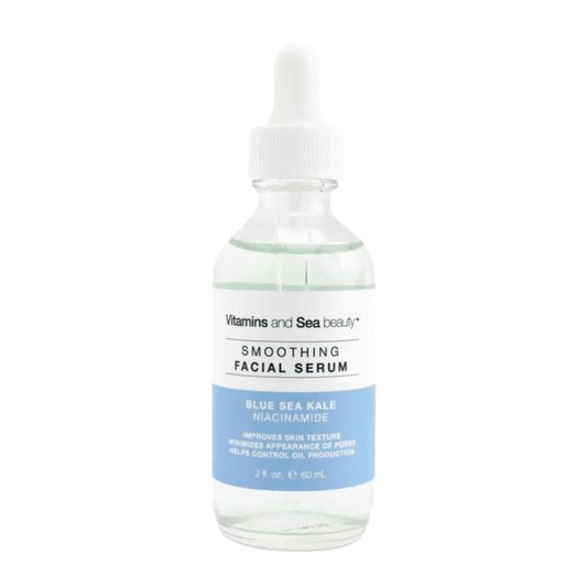 Blue Sea Kale & Niacinamide smoothing facial serum in a glass dropper bottle for skin texture improvement.