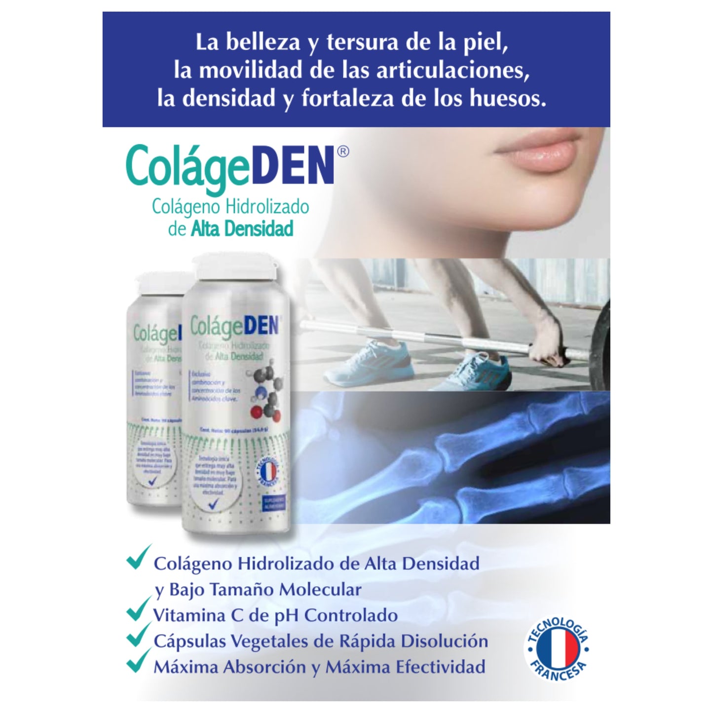 Infografía de ColágeDEN, resaltando su impacto en la piel, articulaciones y huesos, con imágenes representativas de deporte y bienestar.