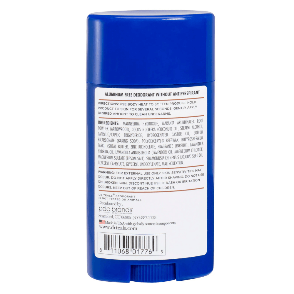 Parte trasera del desodorante Dr Teal’s Coconut Oil & Essential Oils, mostrando ingredientes y modo de uso. Fórmula sin aluminio, parabenos ni ftalatos, con aceites esenciales y magnesio.