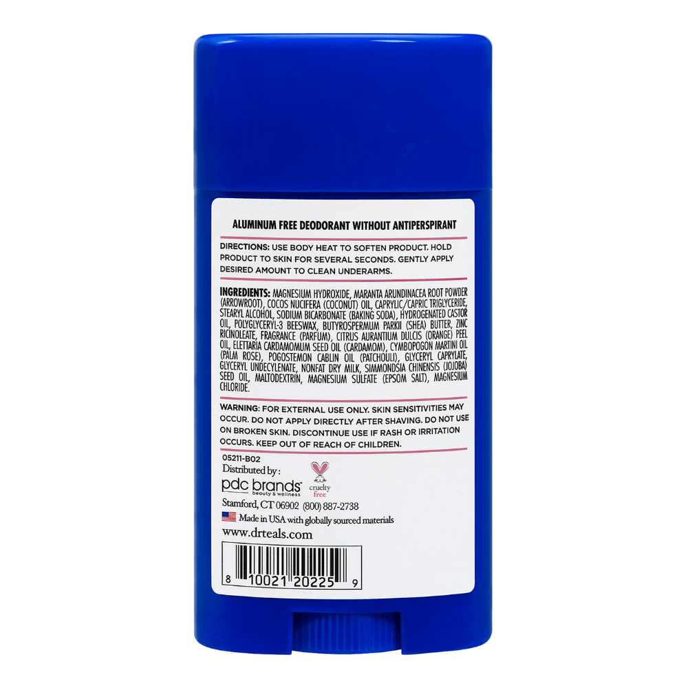 Parte trasera del desodorante Dr Teal’s Aluminum Free, mostrando la lista de ingredientes, instrucciones de uso y advertencias. Envase azul con etiqueta detallada.