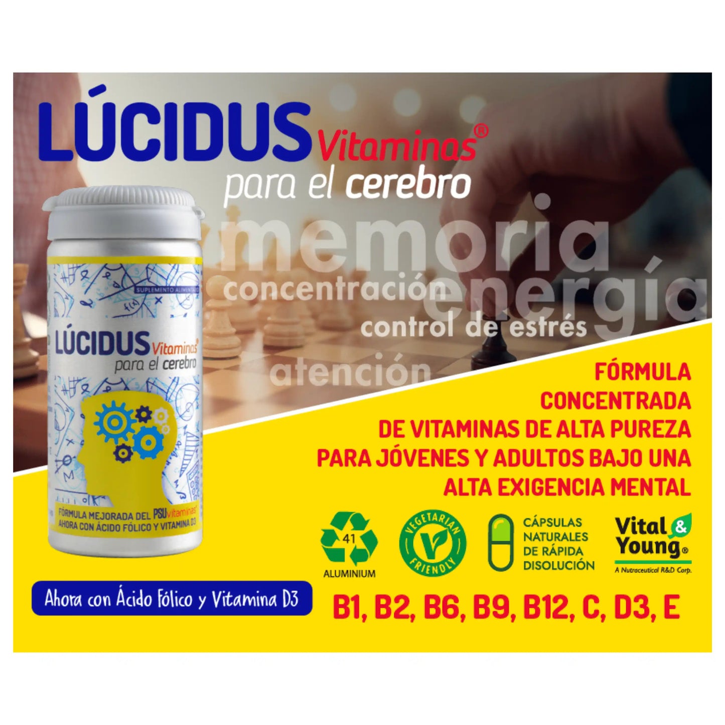 Infografía promocional de Lúcidus Vitaminas, resaltando su fórmula de alta pureza para mejorar la memoria, concentración y reducir el estrés. Fondo con imagen de ajedrez.