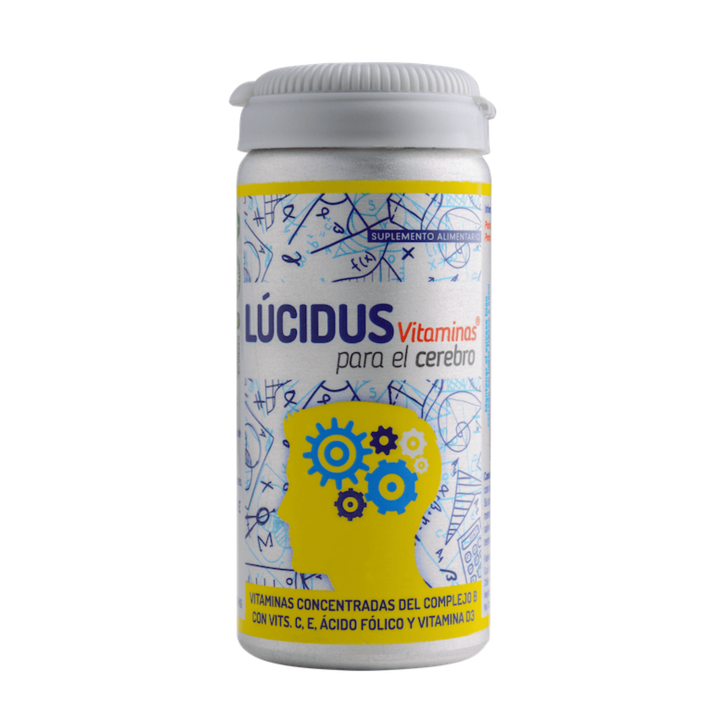 Frasco de cápsulas Lúcidus Vitaminas para el cerebro, suplemento con complejo B, vitamina C, E, ácido fólico y D3, diseñado para mejorar la memoria y la función cognitiva.