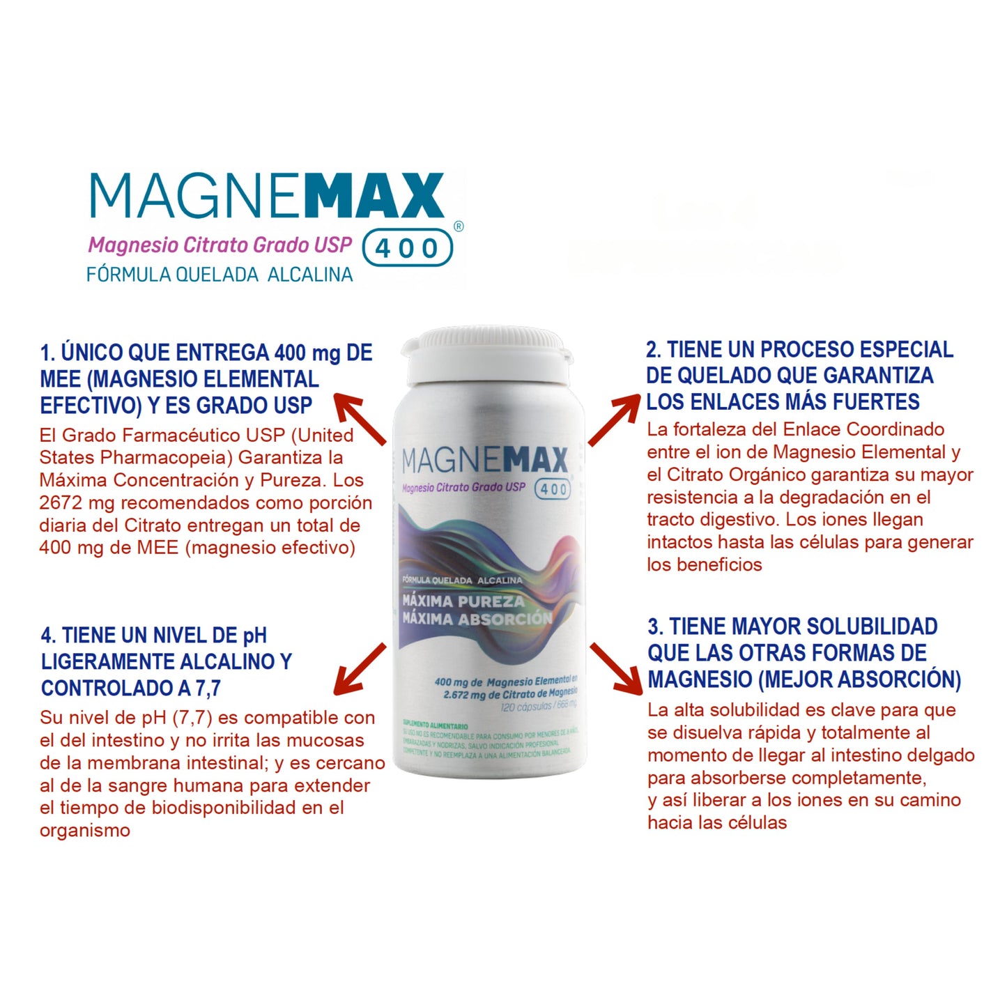 Infografía explicativa sobre las propiedades de MagneMax 400, enfatizando su proceso de quelado, pH alcalino y mayor solubilidad para mejor absorción del magnesio.