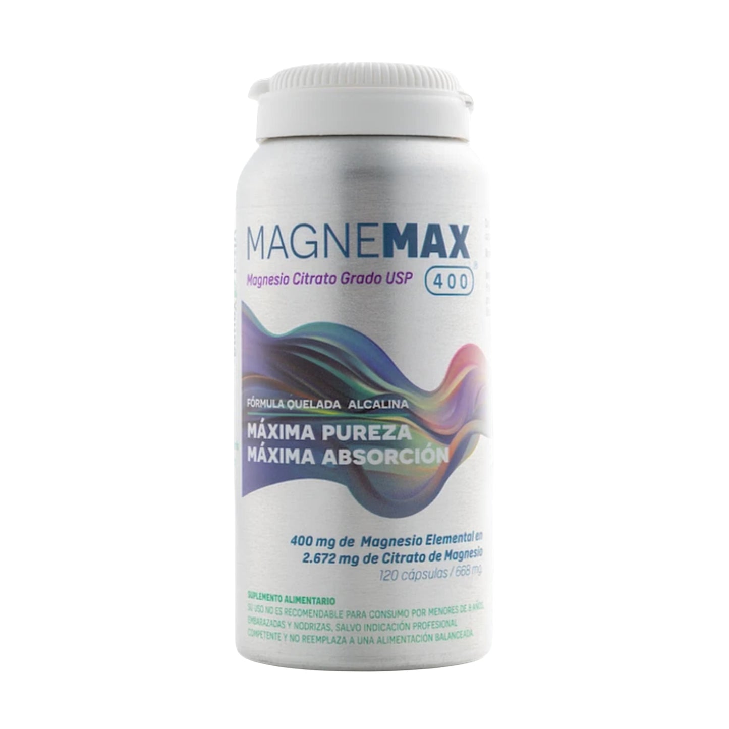 Frasco de cápsulas MagneMax 400, suplemento de citrato de magnesio grado USP con fórmula quelada y alcalina para máxima pureza y absorción. Presentación de 120 cápsulas.