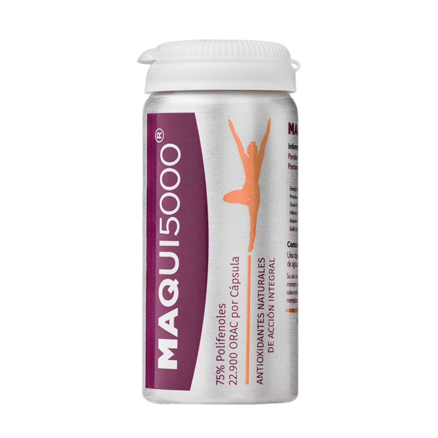 Suplemento antioxidante MAQUI5000 en envase de 75% polifenoles y 22.900 ORAC por cápsula, diseñado para la protección celular y el bienestar integral.