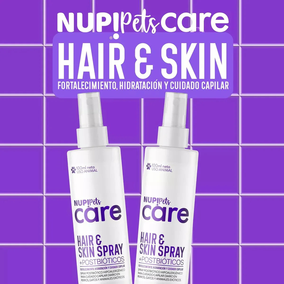 NUP! Pets Care Hair & Skin Spray Postbiótico 100ml, cuidado capilar e hidratación para mascotas