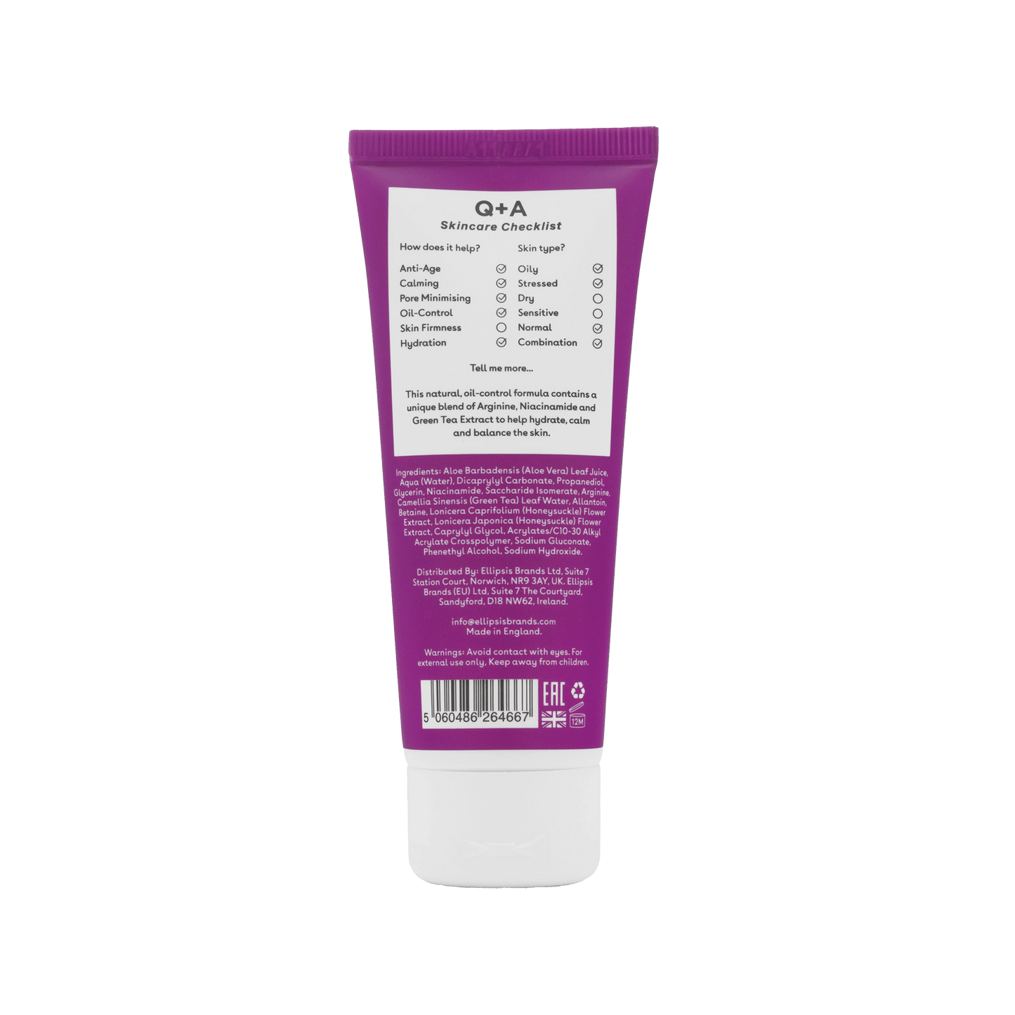 Q+A Amino Acid Oil-Free Moisturiser con ingredientes naturales como arginina, niacinamida y extracto de té verde. Fórmula equilibrante para piel mixta, grasa y normal. Libre de aceites.