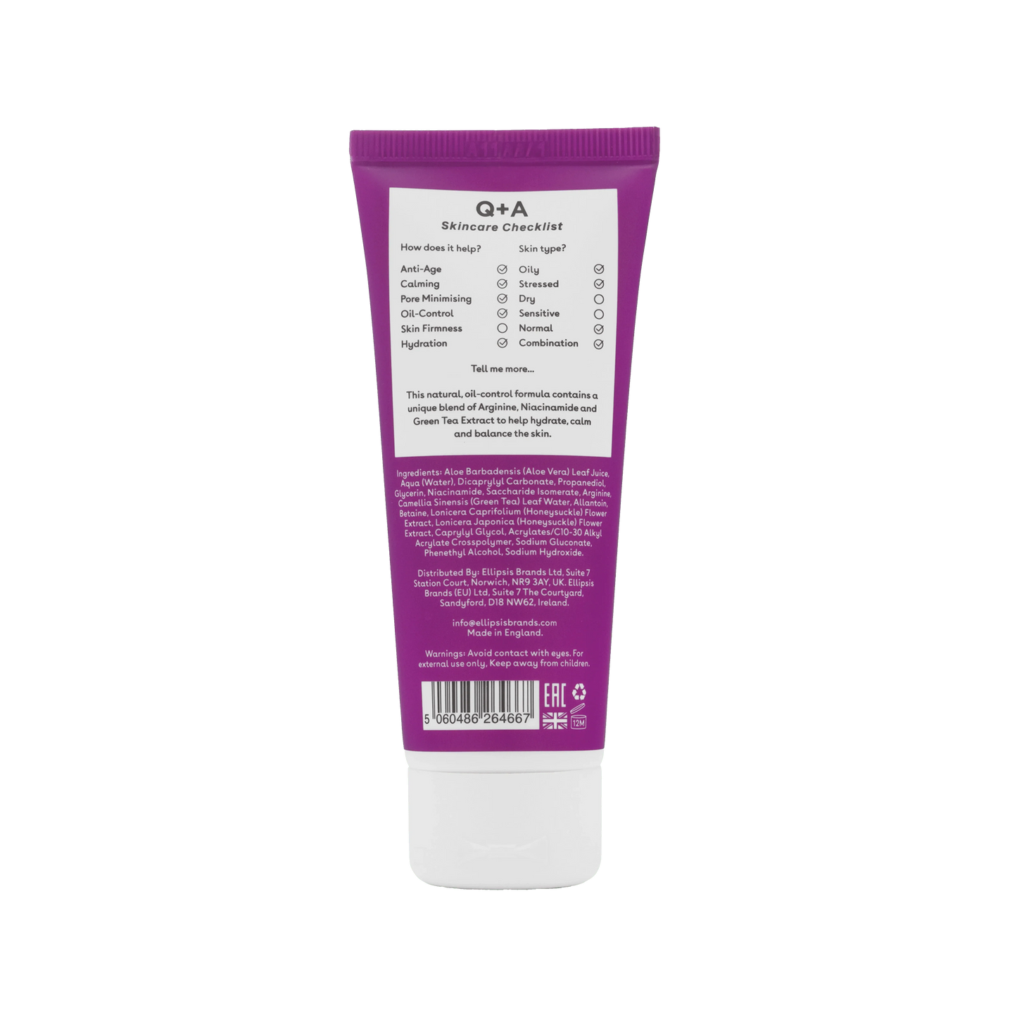 Q+A Amino Acid Oil-Free Moisturiser tubo reverso, ingredientes y beneficios hidratación