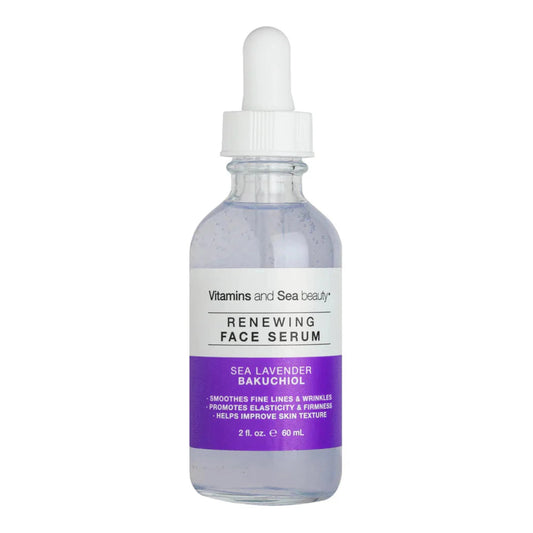 Frasco de suero facial restaurador Vitamins and Sea Beauty con lavanda marina y bakuchiol, diseñado para hidratar, reducir líneas finas y mejorar la elasticidad de la piel. Cuenta con gotero aplicador.