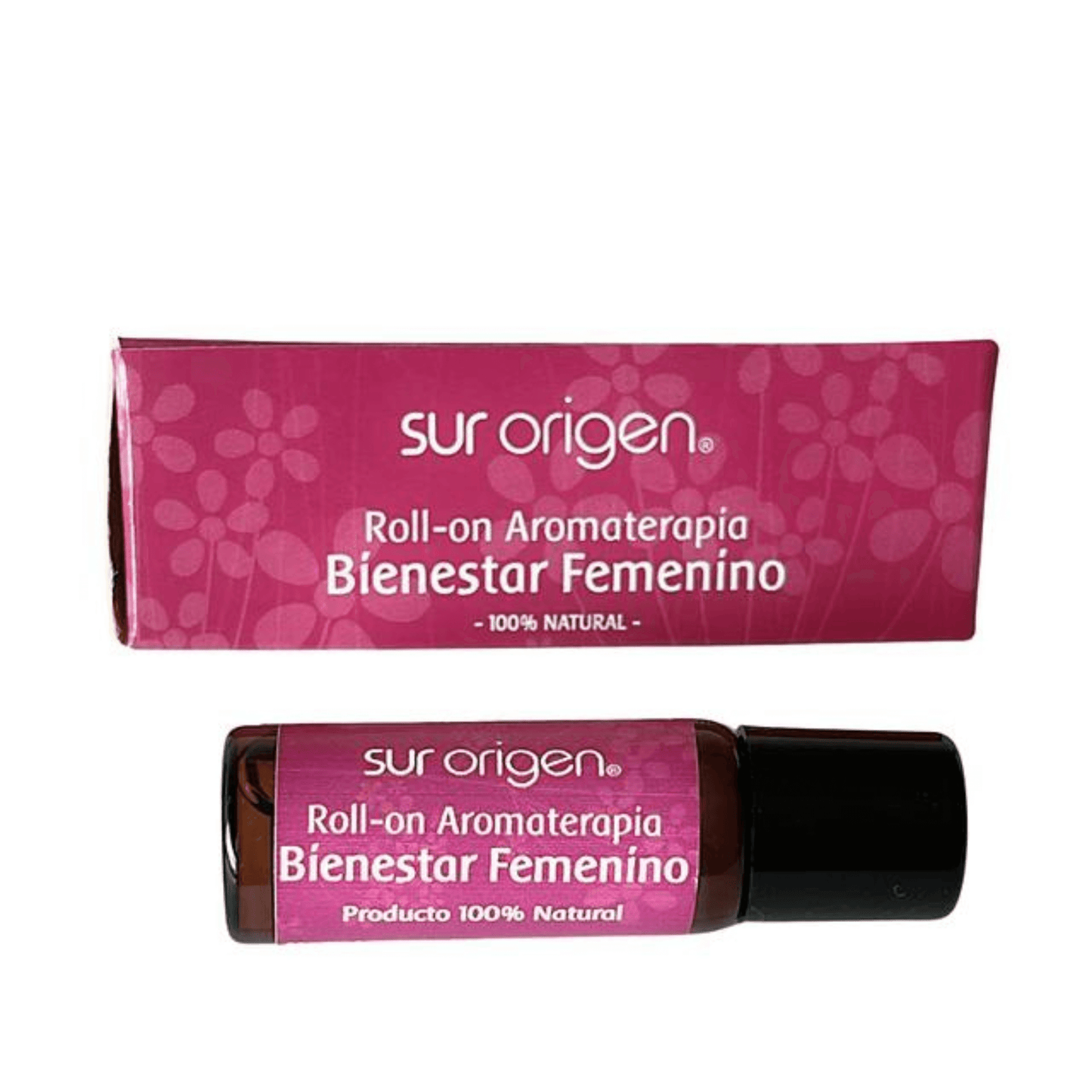 Frasco y empaque de Roll-on de Aromaterapia Bienestar Femenino de la marca Sur Origen. Producto 100% natural, con envase de vidrio color ámbar y tapa negra. Caja de diseño floral en tonos rosados con letras blancas.