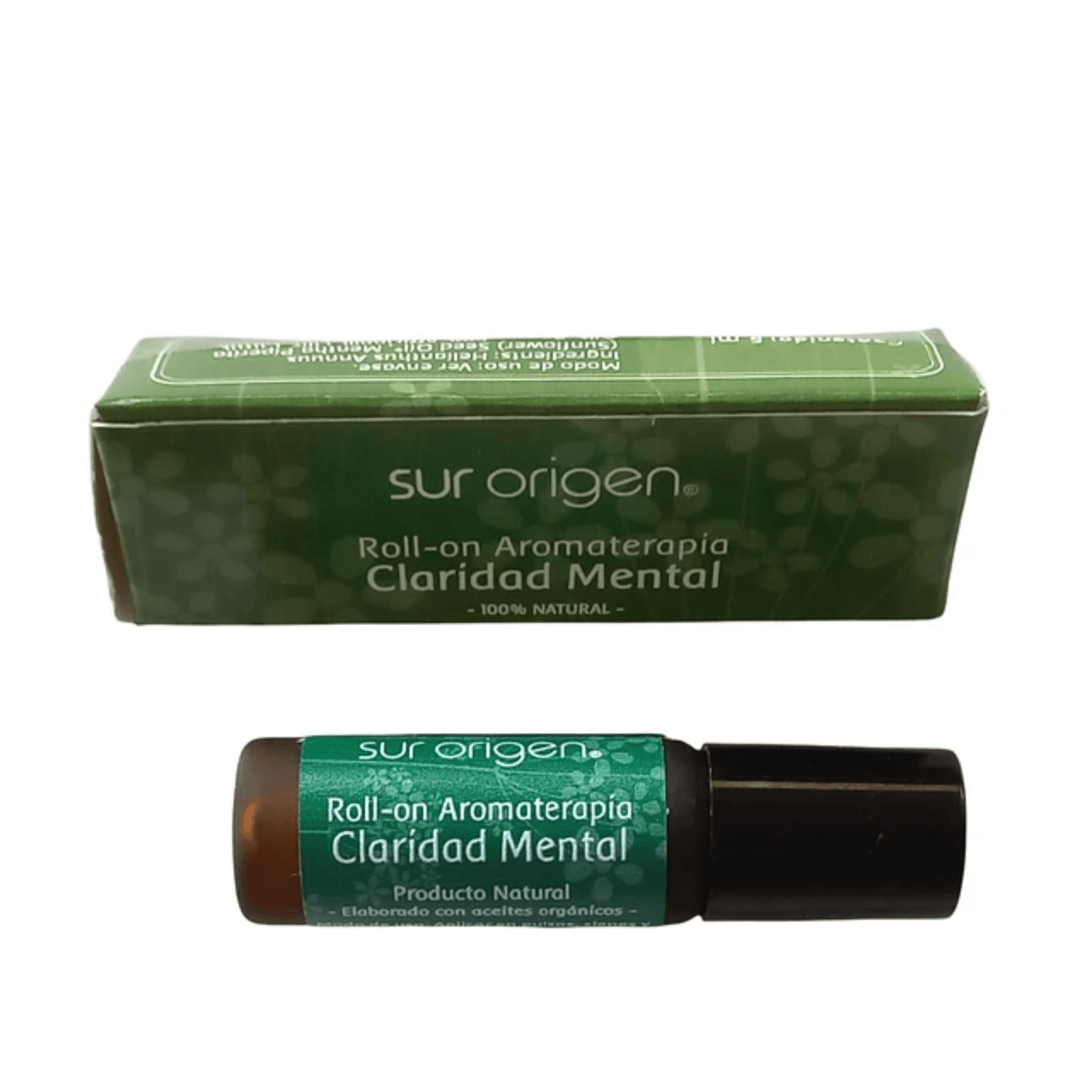 Frasco y empaque de Roll-on de Aromaterapia Claridad Mental de la marca Sur Origen. Producto 100% natural, elaborado con aceites orgánicos. Envase de vidrio color ámbar con tapa negra. Caja de diseño en tonos verdes con letras blancas.