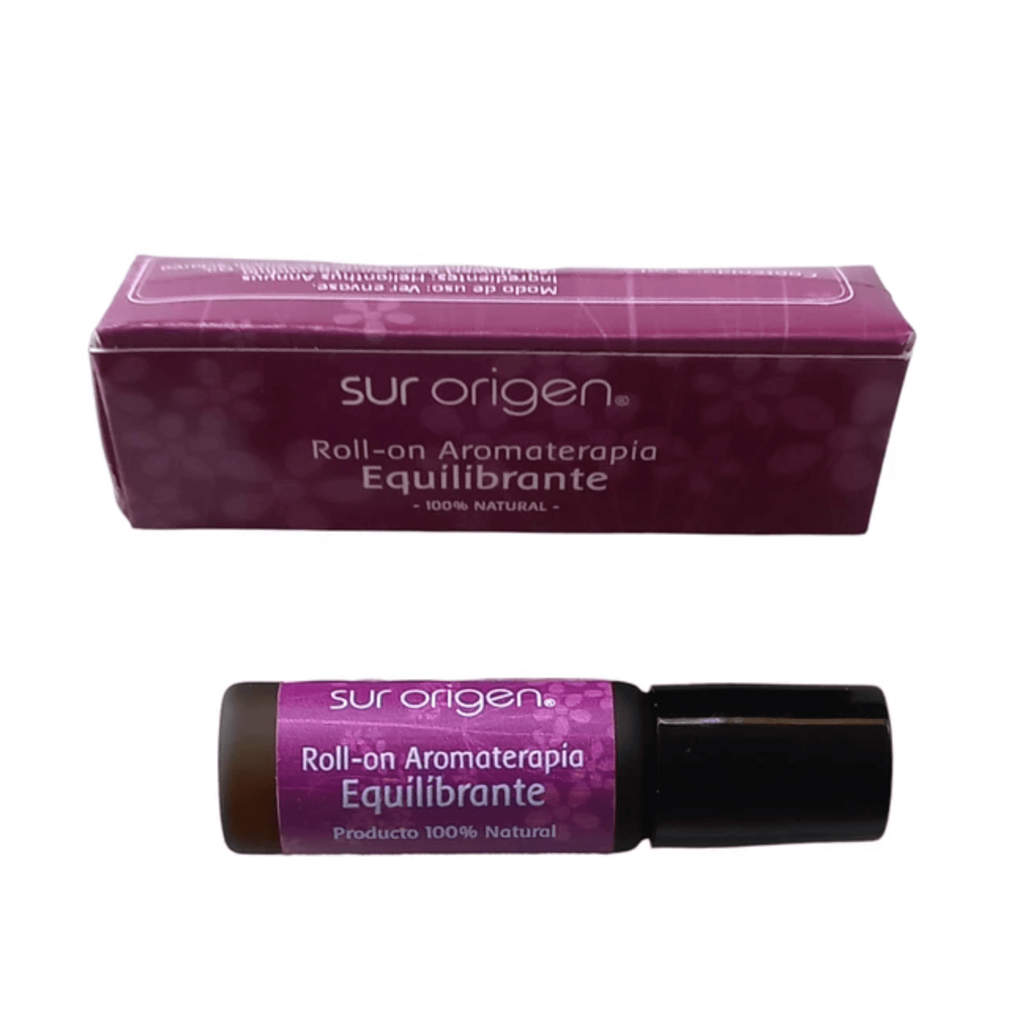 Frasco y empaque de Roll-on de Aromaterapia Equilibrante de la marca Sur Origen. Producto 100% natural, diseñado para promover el equilibrio y bienestar. Envase de vidrio color ámbar con tapa negra. Caja con diseño en tonos morados con letras blancas.