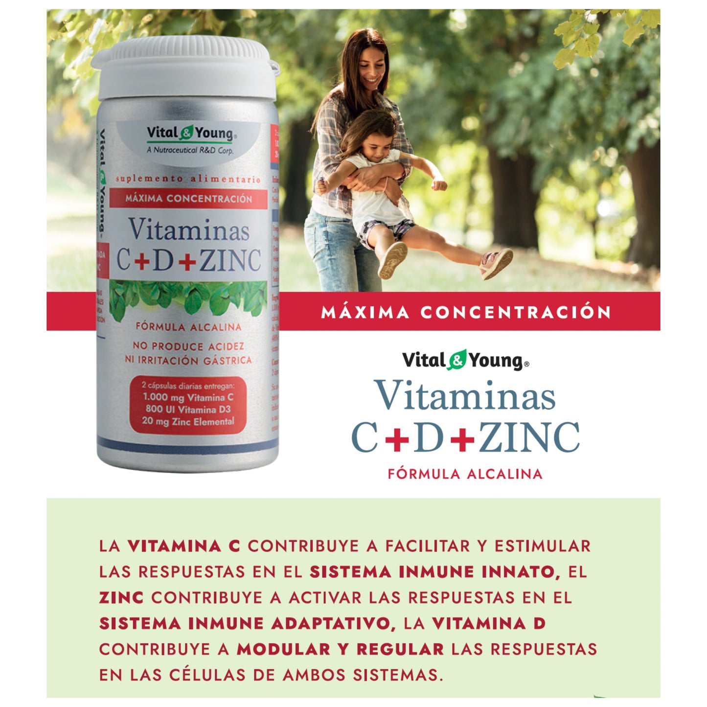 Infografía de vitaminas C, D y zinc de Vital & Young, destacando su fórmula alcalina de máxima concentración y sus beneficios para la salud del sistema inmunológico.