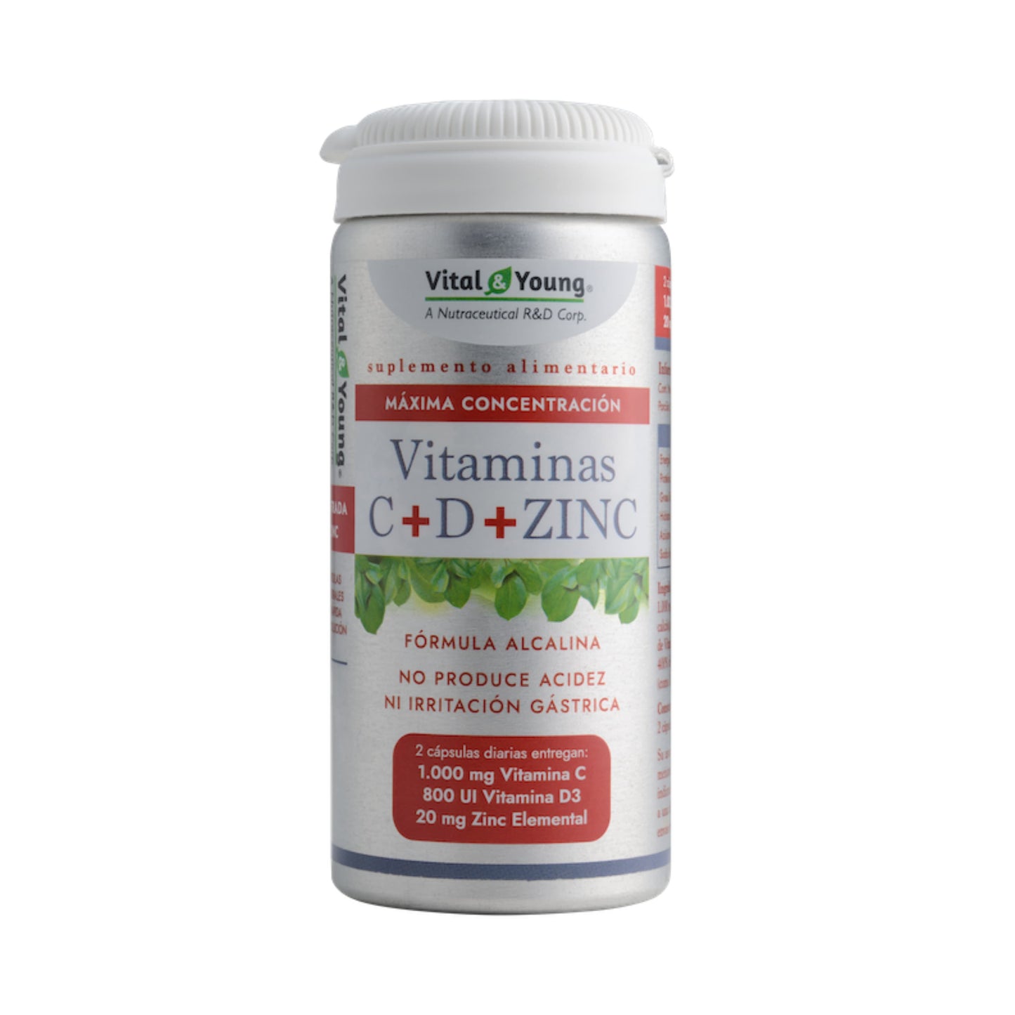 Frasco de suplemento alimenticio Vital & Young con vitaminas C, D y zinc, de fórmula alcalina, diseñado para fortalecer el sistema inmunológico sin causar acidez ni irritación gástrica.