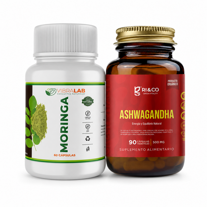Pack Equilibrio y Vitalidad con Moringa y Ashwagandha en fondo blanco