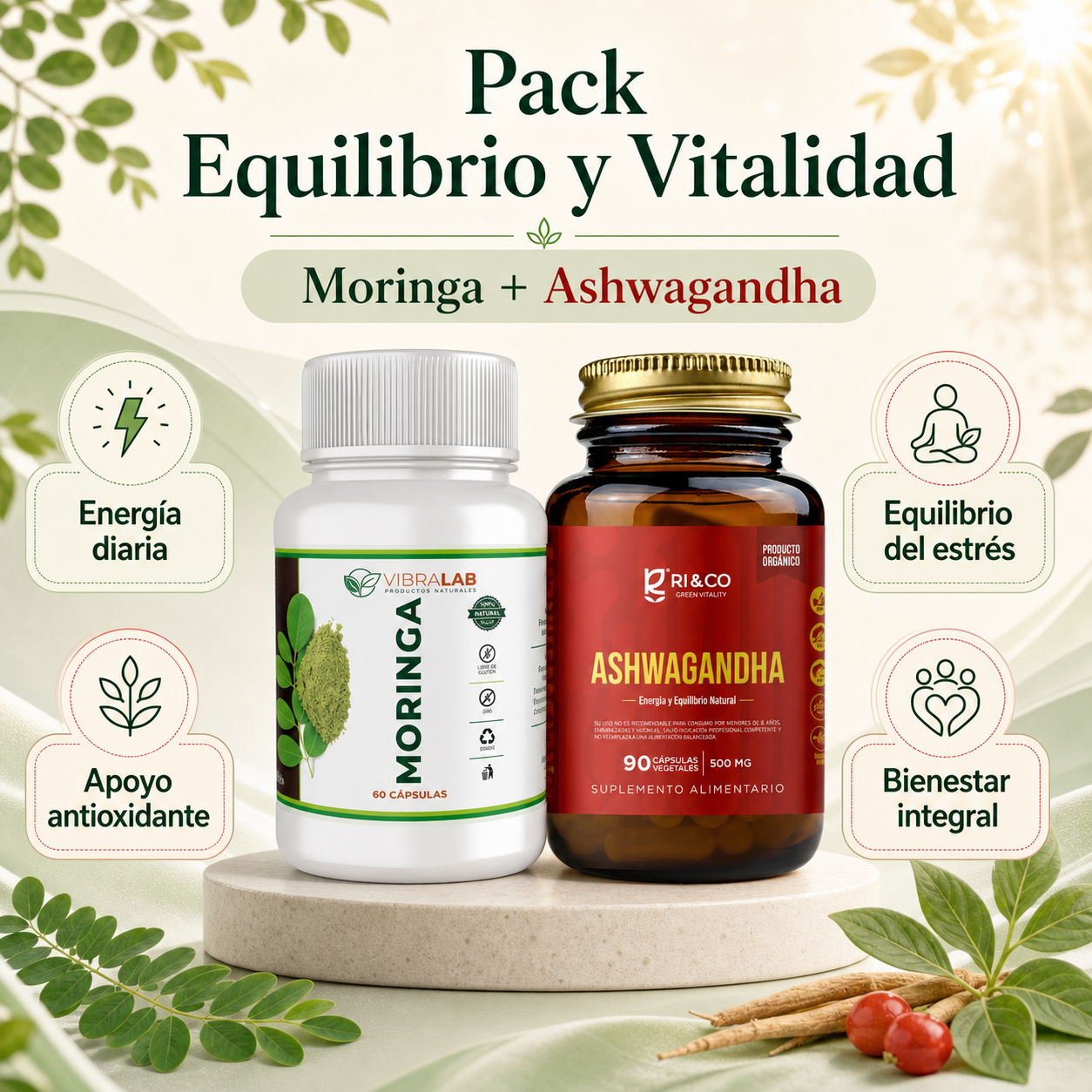 Infografía del Pack Equilibrio y Vitalidad con beneficios de Moringa y Ashwagandha
