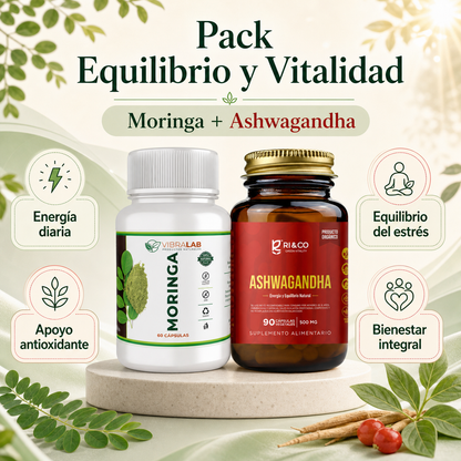 Infografía del Pack Equilibrio y Vitalidad con beneficios de Moringa y Ashwagandha