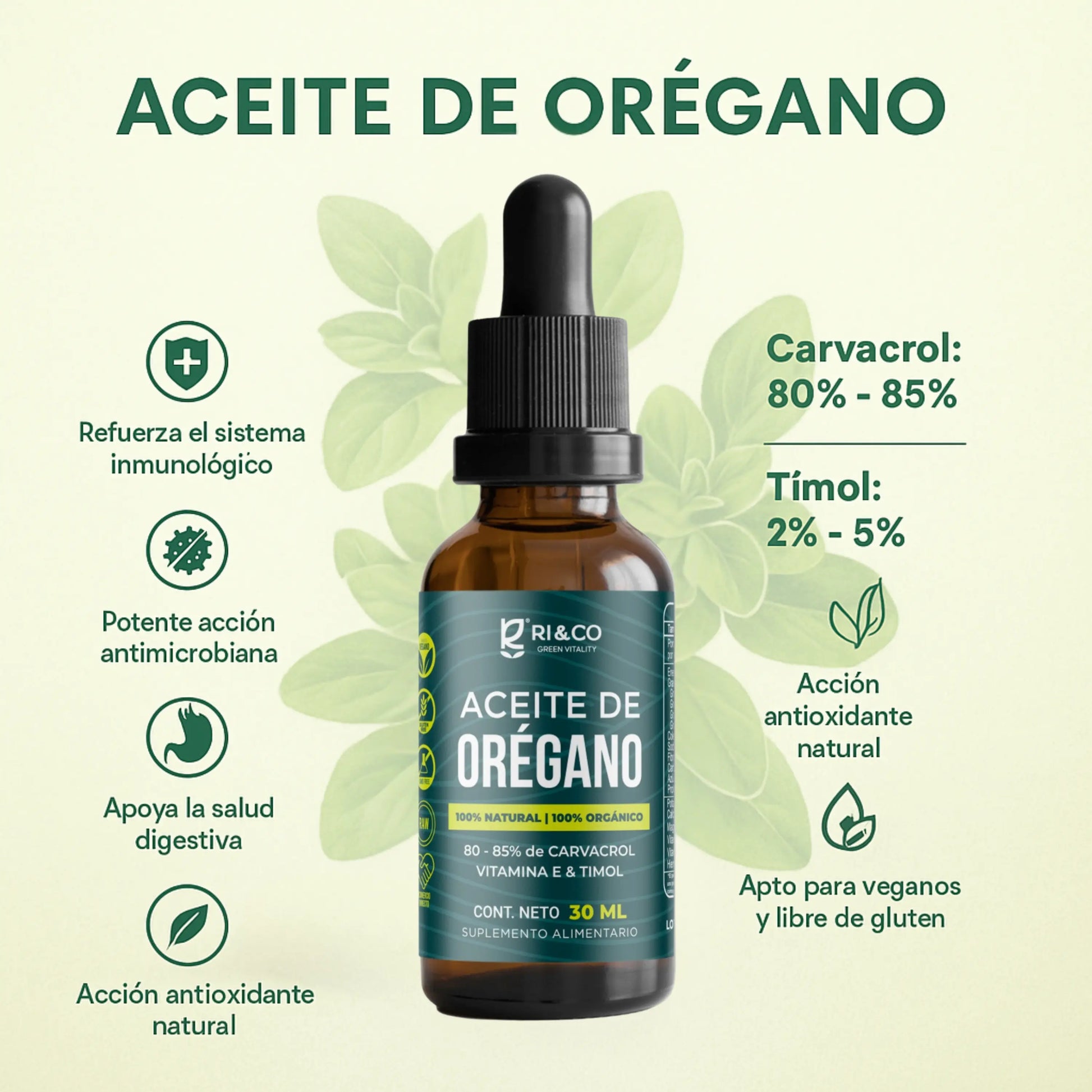 Imagen promocional del suplemento “Aceite de Orégano” de Ri&Co Green Vitality. Botella ámbar con gotero negro, resaltada con beneficios como refuerzo inmunológico, acción antimicrobiana, apoyo digestivo y antioxidante. Composición: 80–85% de carvacrol y 2–5% de timol. Producto vegano y libre de gluten.