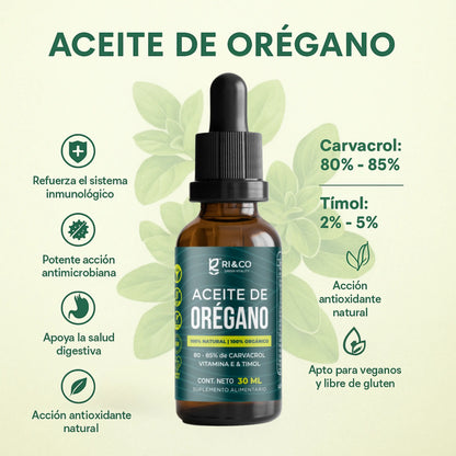 Imagen promocional del suplemento “Aceite de Orégano” de Ri&Co Green Vitality. Botella ámbar con gotero negro, resaltada con beneficios como refuerzo inmunológico, acción antimicrobiana, apoyo digestivo y antioxidante. Composición: 80–85% de carvacrol y 2–5% de timol. Producto vegano y libre de gluten.