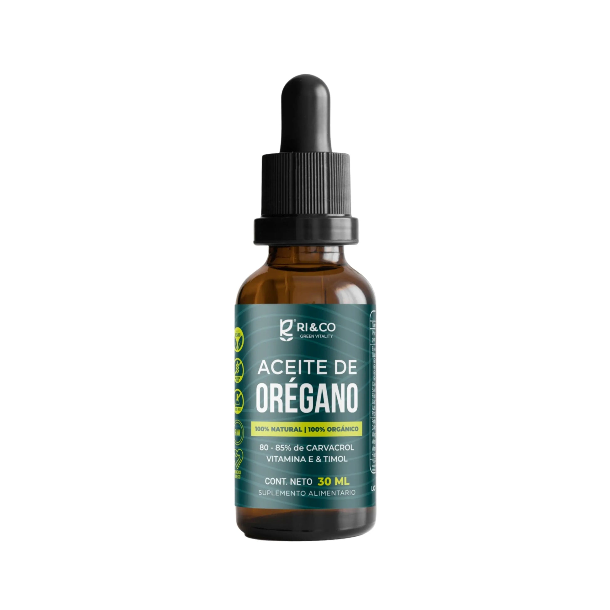 Frasco de vidrio ámbar con gotero negro del suplemento “Aceite de Orégano” de Ri&Co Green Vitality. Etiqueta verde resalta su origen 100% natural y orgánico, con 80–85% de carvacrol, además de vitamina E y timol. Contenido neto de 30 ml. Producto destinado a fortalecer el bienestar general.