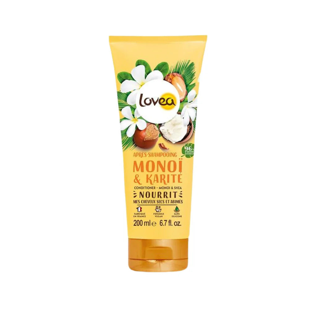 Acondicionador Lovea Monoï & Karité 200 ml, nutre cabello seco y dañado 96% origen natural