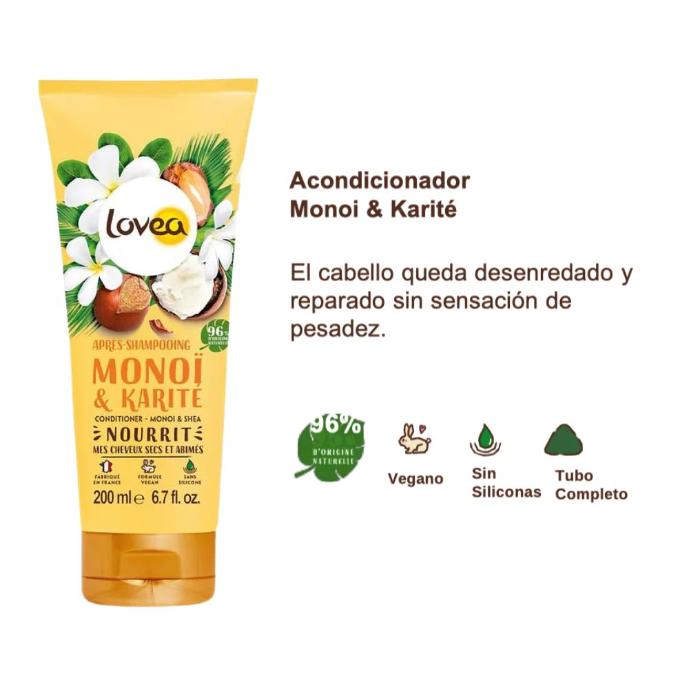 Infografía acondicionador Lovea Monoï & Karité: desenreda y nutre cabello seco, 96% origen natural sin siliconas