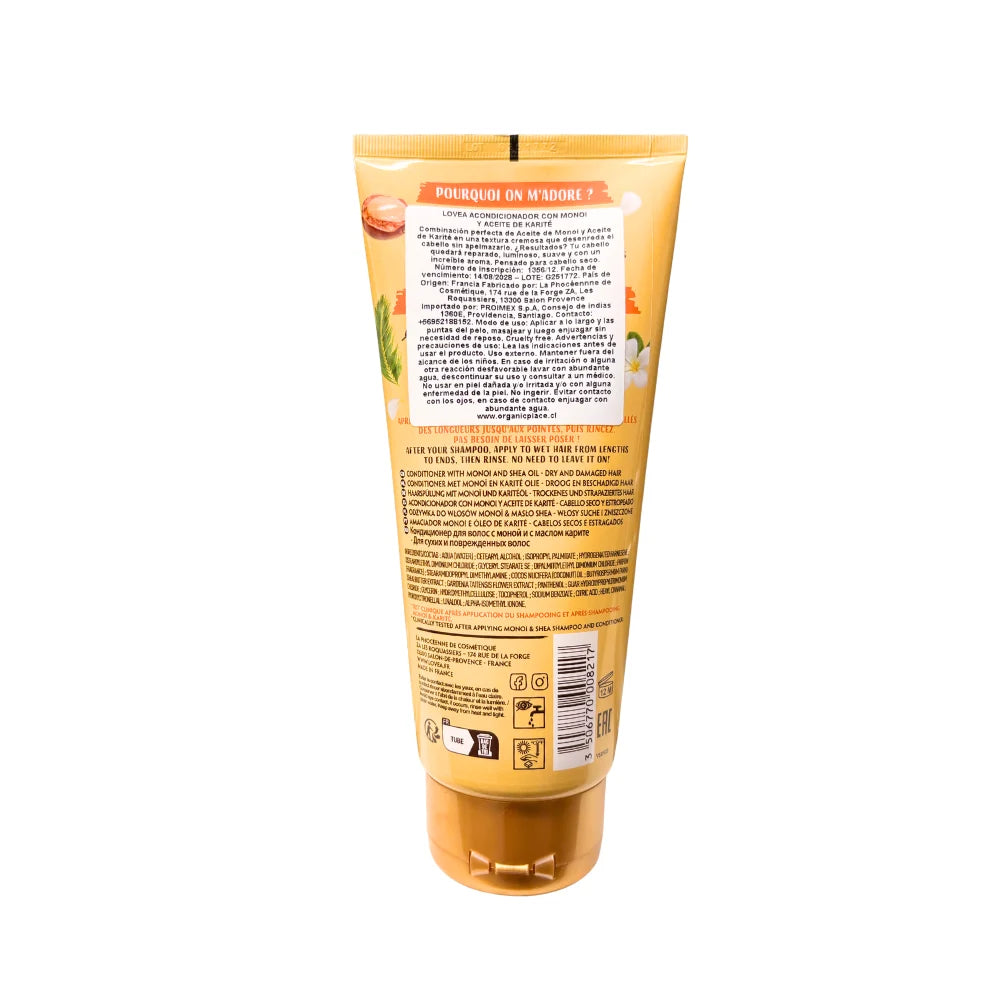 Acondicionador Lovea Monoï & Karité 200 ml reverso, ingredientes y modo de uso para cabello seco y dañado