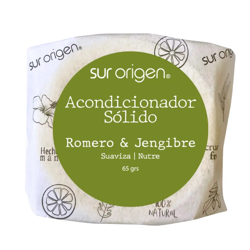 Acondicionador sólido Sur Origen con etiqueta verde que indica ingredientes naturales de Romero y Jengibre. Producto artesanal de 65 gramos, ideal para suavizar y nutrir el cabello. Presentación ecológica y libre de plástico.