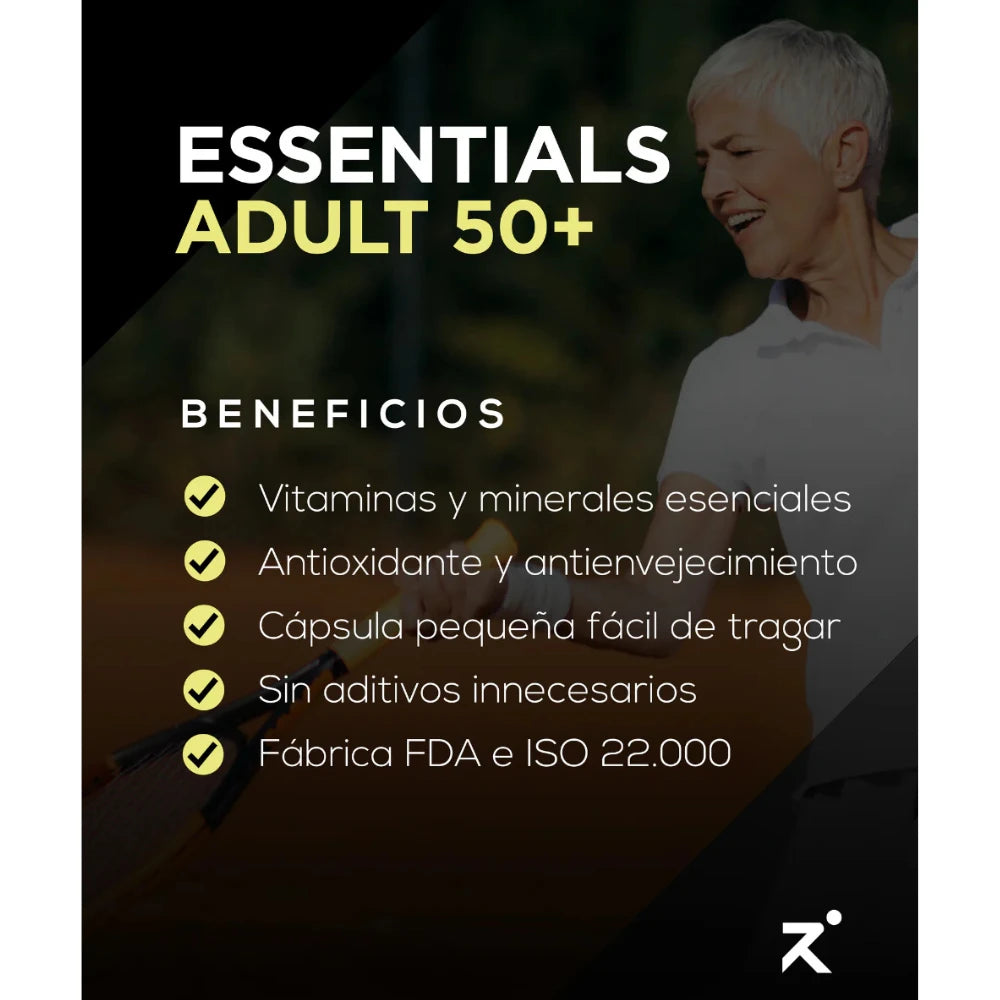 Beneficios Essentials Adult 50+ Strave vitaminas minerales antioxidante antienvejecimiento sin aditivos FDA