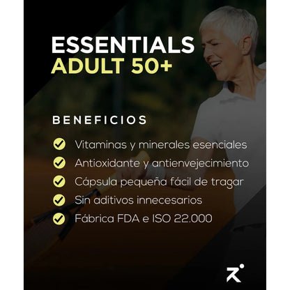 Beneficios Essentials Adult 50+ Strave vitaminas minerales antioxidante antienvejecimiento sin aditivos FDA