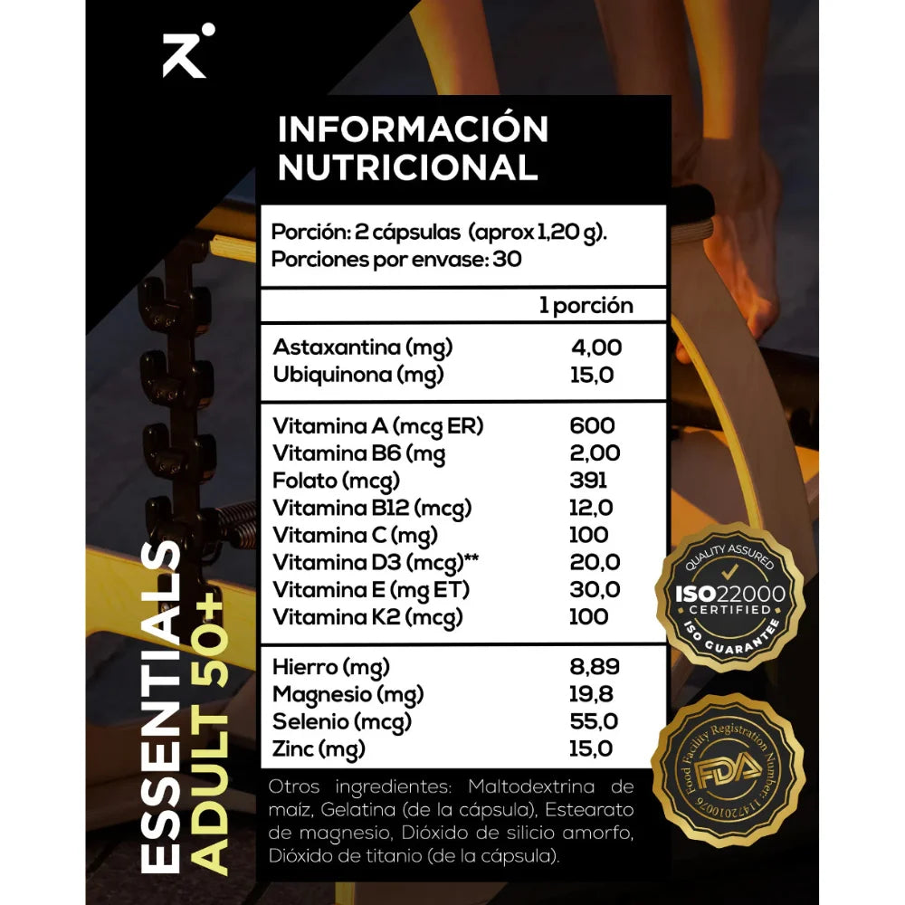 Información nutricional Essentials Adult 50+ Strave vitaminas minerales astaxantina CoQ10 certificado ISO22000 FDA