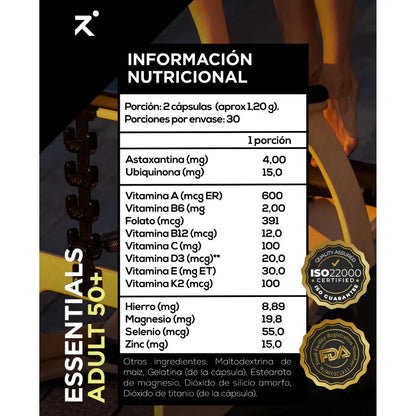 Información nutricional Essentials Adult 50+ Strave vitaminas minerales astaxantina CoQ10 certificado ISO22000 FDA