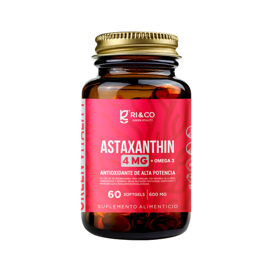Frasco de suplemento alimenticio Ri&Co Astaxanthin de 4 mg con Omega 3. Contiene 60 softgels de 600 mg, antioxidante de alta potencia presentado en envase de vidrio ámbar con etiqueta roja y tapa dorada.