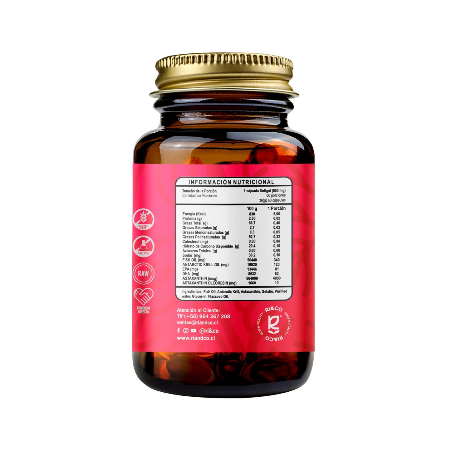 Vista posterior de frasco de suplemento Ri&Co Astaxanthin 4 mg + Omega 3, mostrando tabla de información nutricional con detalles de energía, proteínas, grasas, EPA, DHA y astaxantina. Incluye iconos de certificaciones y datos de contacto de la marca.