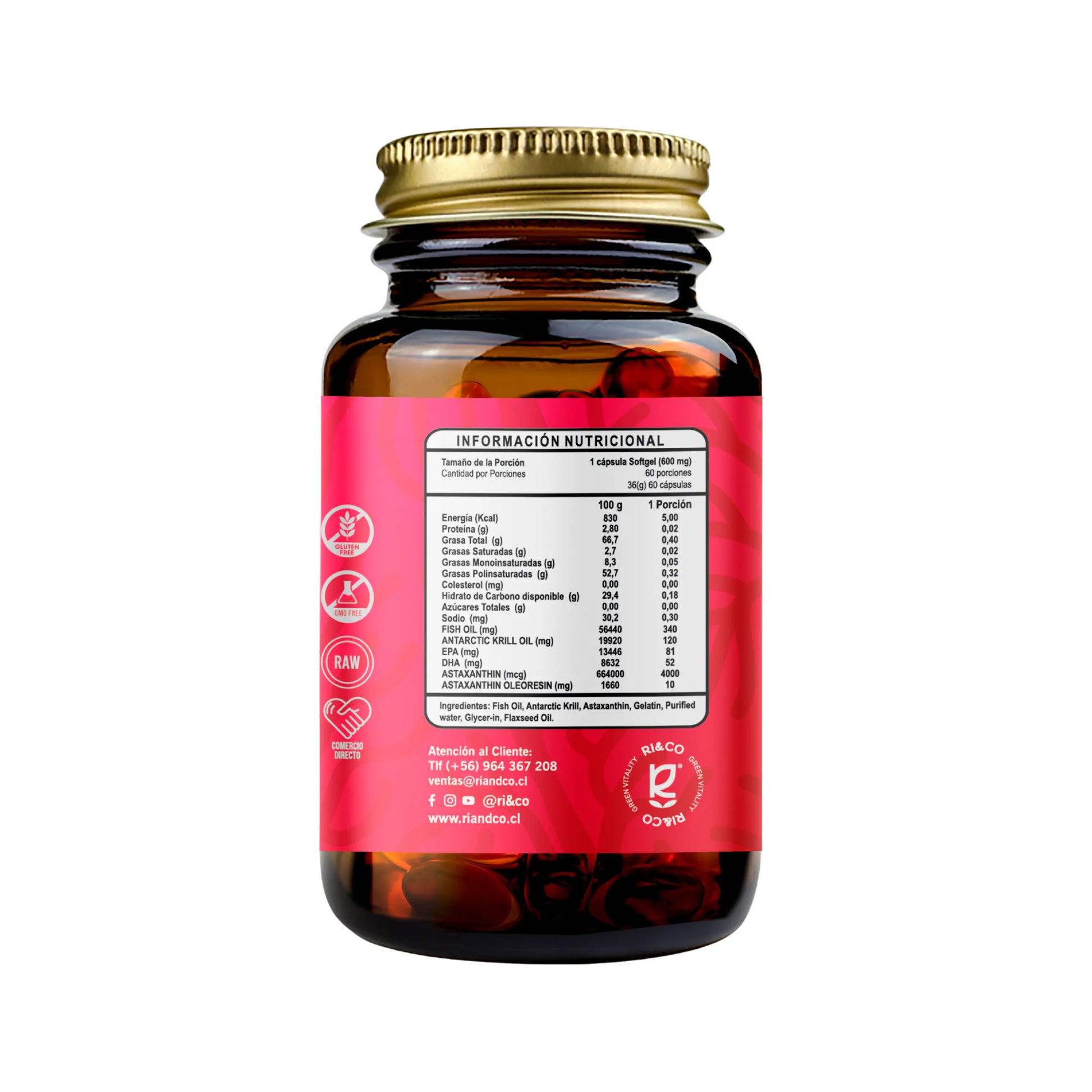 Vista posterior de frasco de suplemento Ri&Co Astaxanthin 4 mg + Omega 3, mostrando tabla de información nutricional con detalles de energía, proteínas, grasas, EPA, DHA y astaxantina. Incluye iconos de certificaciones y datos de contacto de la marca.